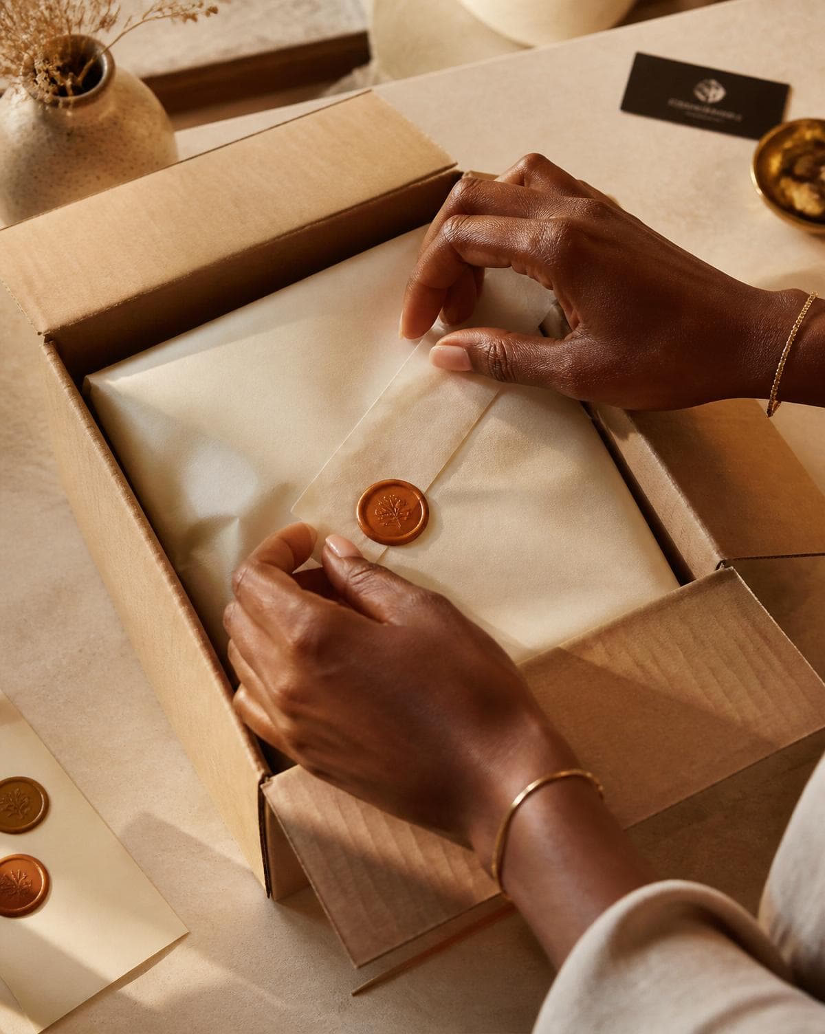 Hands preparing a premium ecommerce order for courier delivery